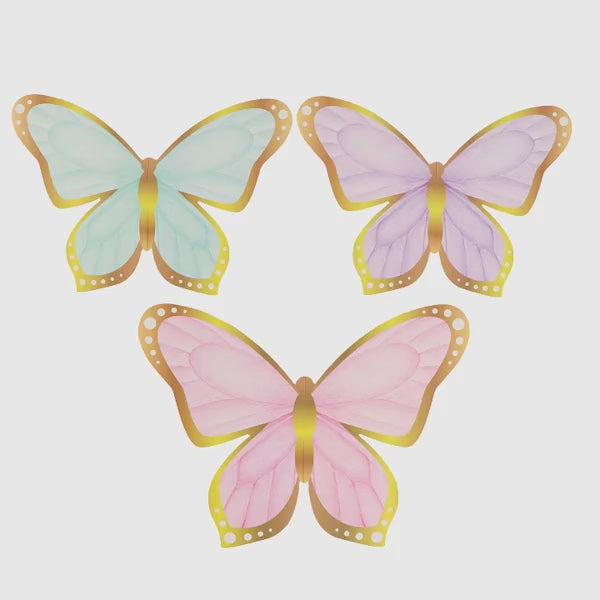 Pastel color 3D butterfly table centerpieces with gold foil accents.