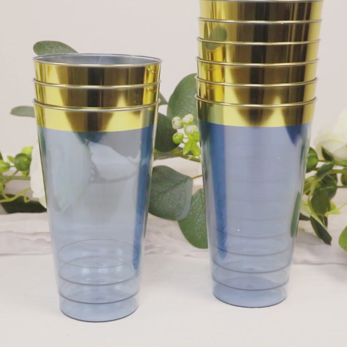 Dusty blue plastic party cups with gold rim, 12-pack, disposable drinking tumblers.