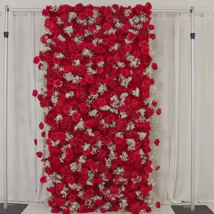 Red artificial silk roses backdrop with baby's breath, 8ftx4ft.