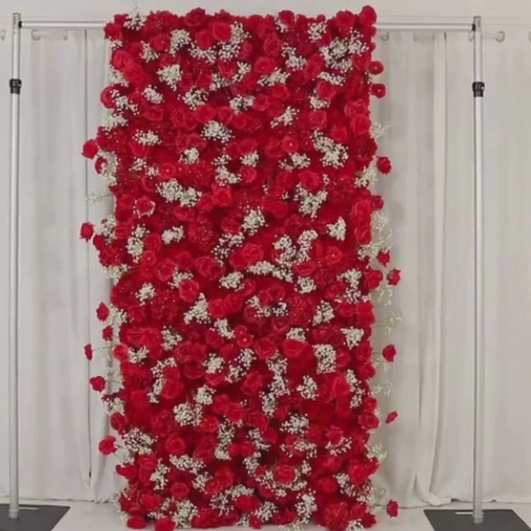 Red artificial silk roses backdrop with baby's breath, 8ftx4ft.