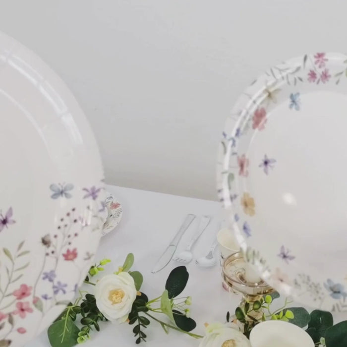 White paper plates and cups with wildflower butterfly print for parties.