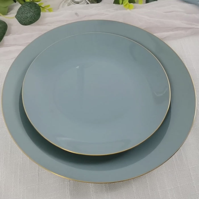 Dusty blue heavy duty plastic utensil set with sleek disposable flatware.
