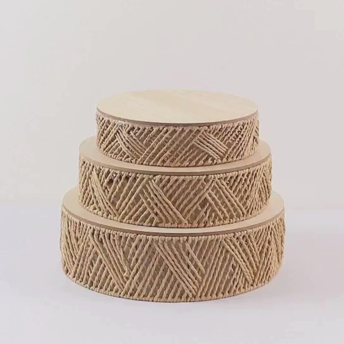 Natural jute rattan pedestal cake stands set of 3, rustic farmhouse design.