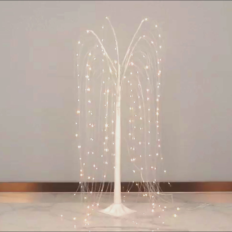 White LED weeping willow tree light with 180 warm white LEDs.