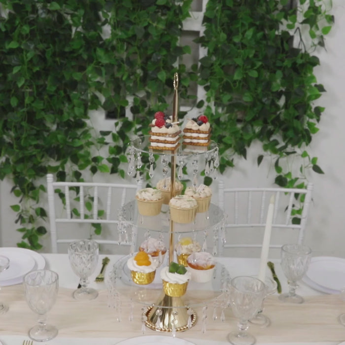 Gold cupcake stand with crystals, 2ft tall, featuring decorated desserts.