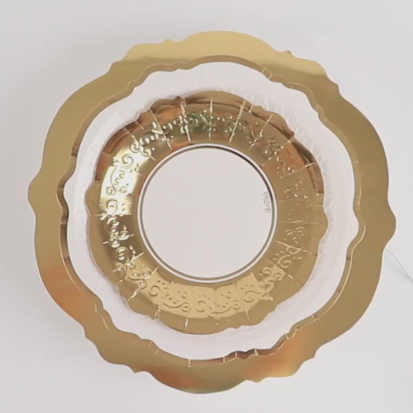 White paper charger plate with gold embossed scalloped rim, heavy duty and elegant.