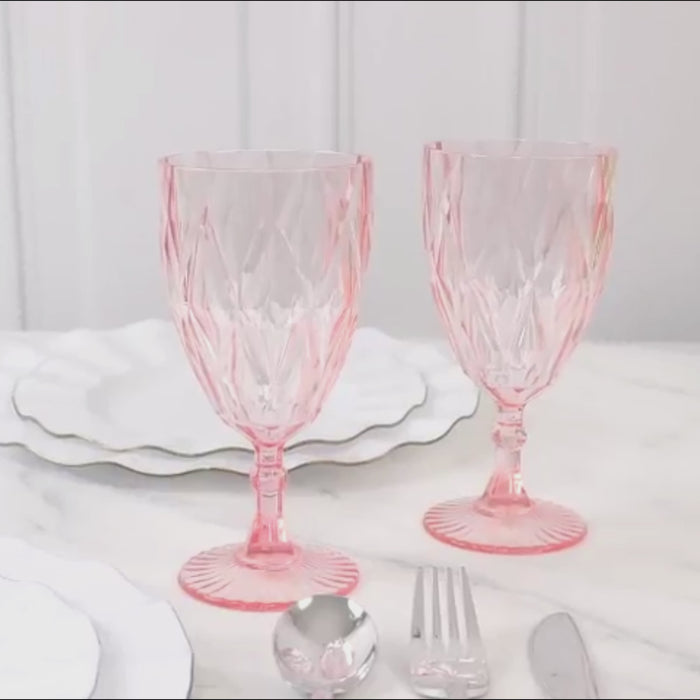 Blush vintage plastic wine goblets in a 12-pack, embossed design.