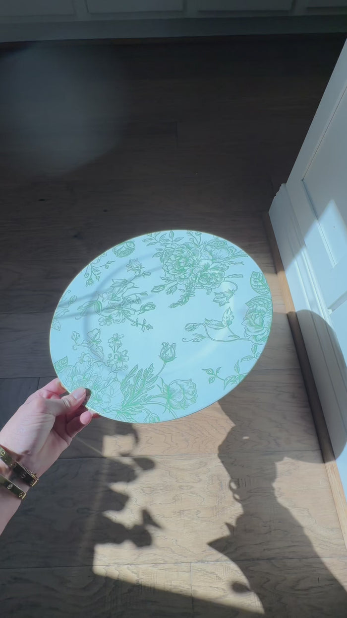 White sage green floral acrylic charger plate.