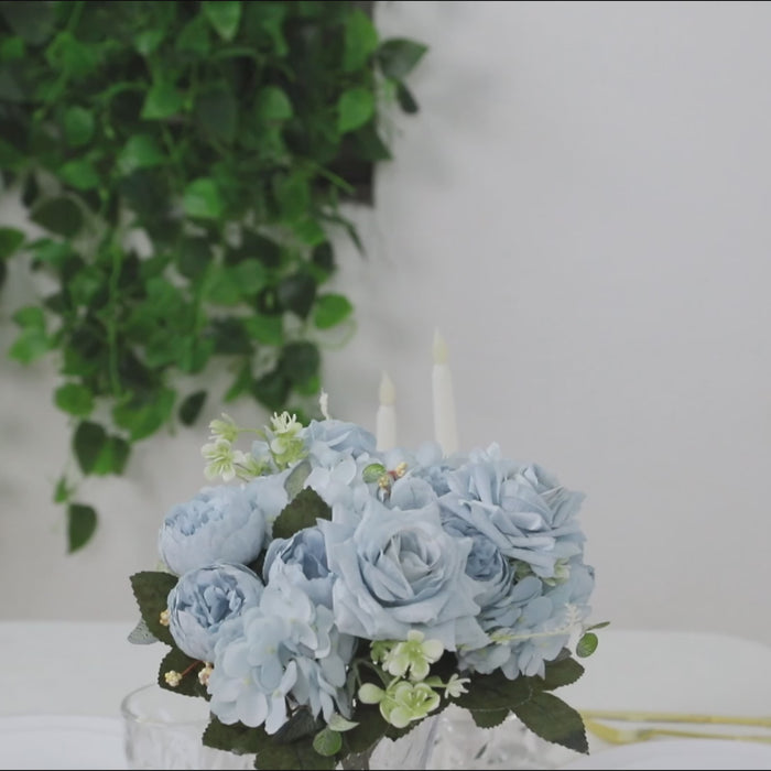 Light blue artificial silk rose bouquet with peony and hydrangea arrangements.