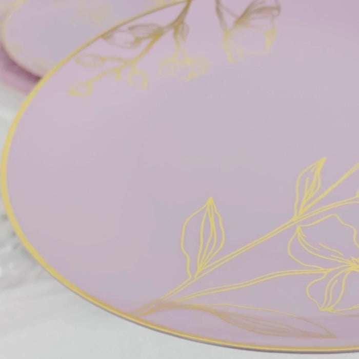 Lavender lilac plates with metallic gold floral design, set of 20.