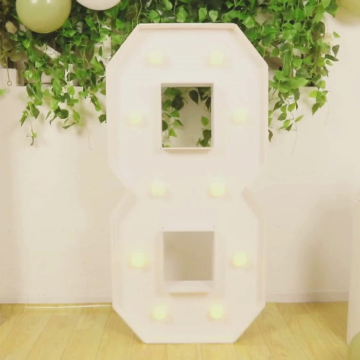 White giant LED marquee number "8" with warm white lights.