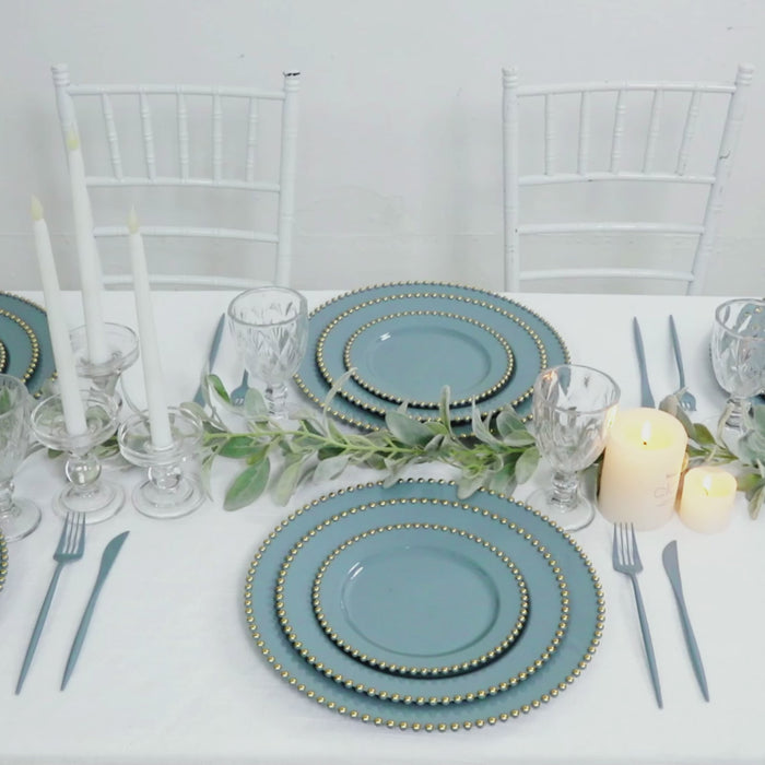 Dusty blue disposable appetizer plates with gold beaded rim