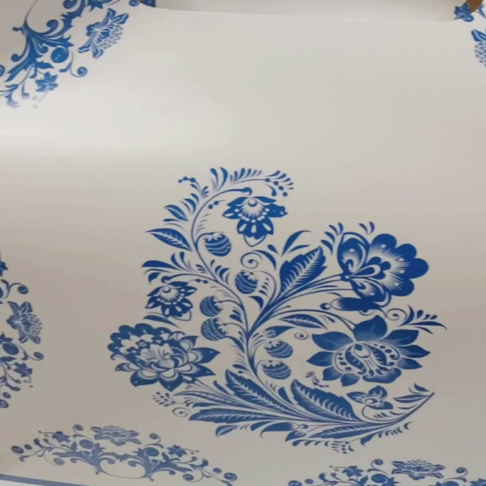 White and royal blue damask floral party favor tote gable boxes.