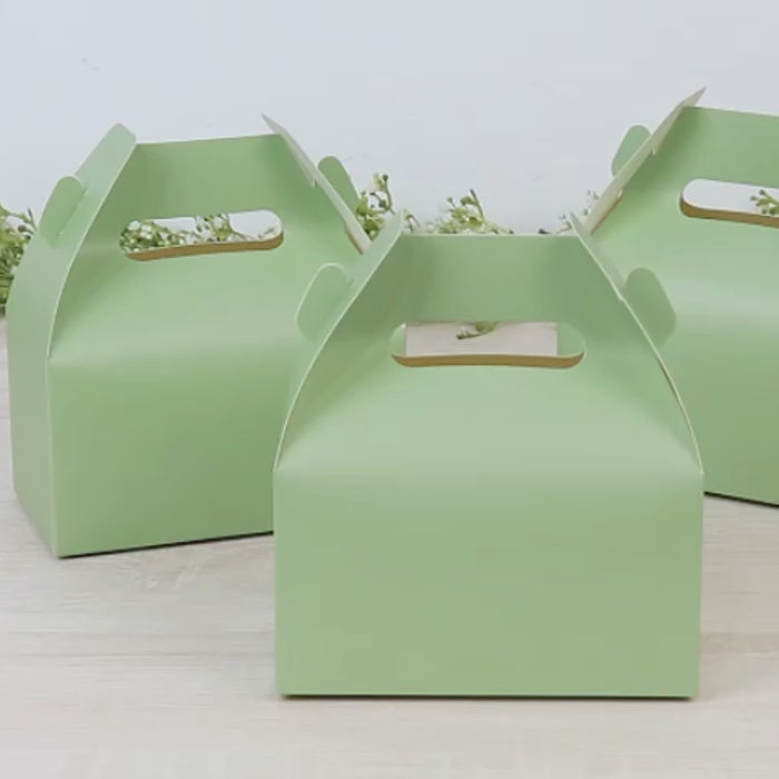Matte sage green gable boxes in a pack of 25 for party favors.