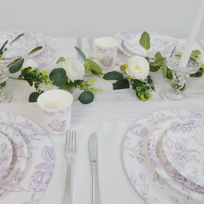 White lavender damask floral pattern disposable party cups on elegant table setting.