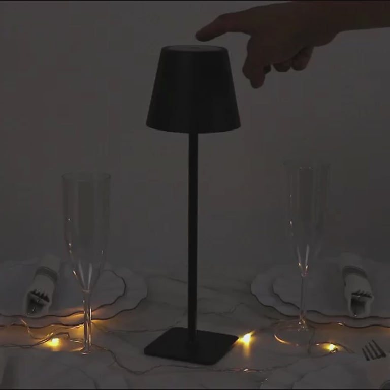 Heavy duty black metal LED table lamp with classic empire shade.