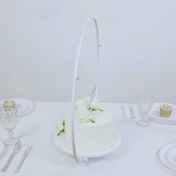 Whitewash metal floral hoop cake stand with beaded wooden base.