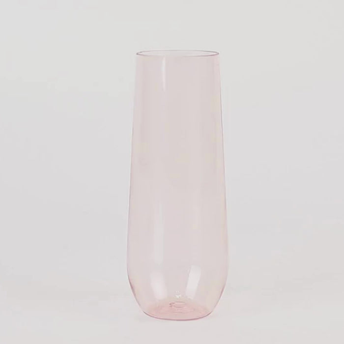 Transparent blush plastic champagne flute, reusable and lightweight, 9oz.