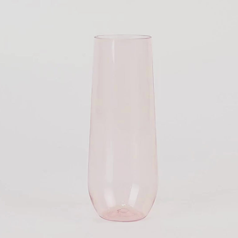 Transparent blush plastic champagne flute, reusable and lightweight, 9oz.