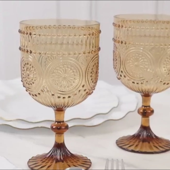 Amber gold vintage wine goblets with embossed floral pattern, shatterproof and reusable.
