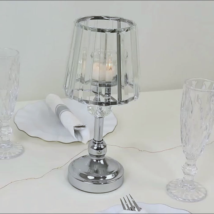 Silver crystal pendant candle holder with classic empire lamp shade style.