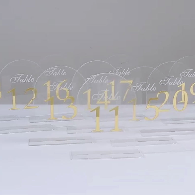 Clear arch acrylic wedding table numbers with gold print, 11-20.