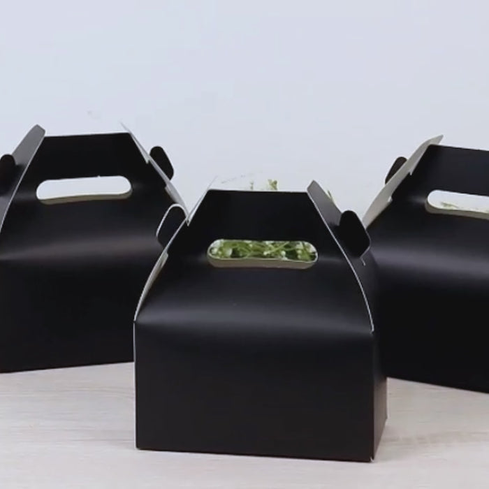 Matte black gable boxes for party favors and treats, 25 pack.