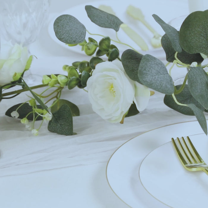 LED green garland with eucalyptus and peony florals for table décor.
