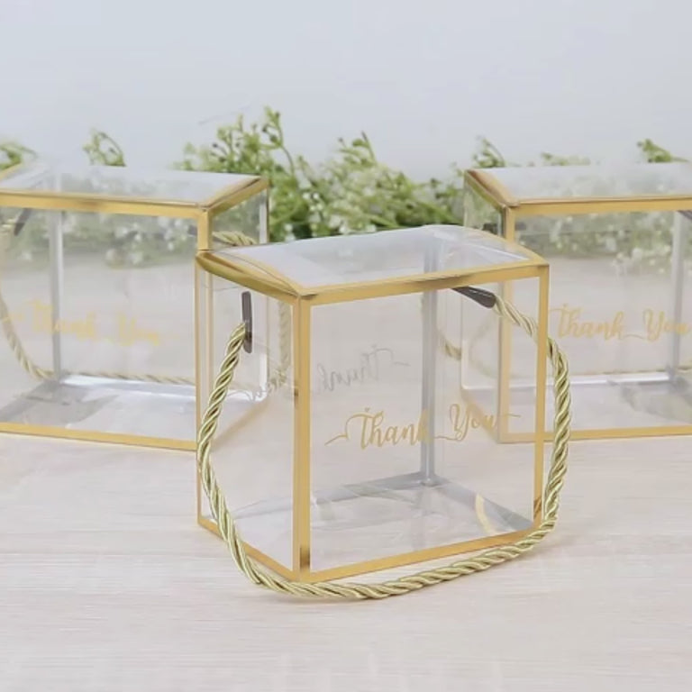 Clear cube gift boxes with gold trim and rope handle.