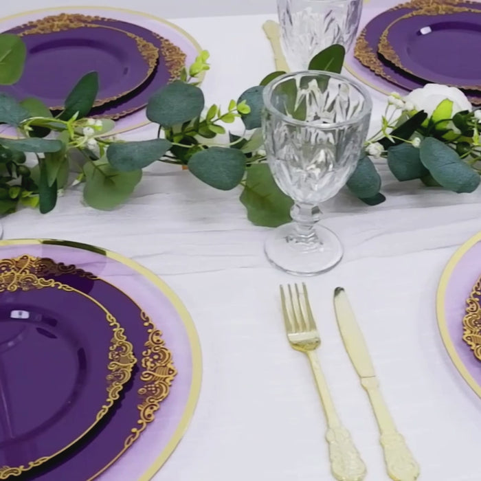 Purple disposable dinner plates with gold leaf embossed rim, vintage baroque style.