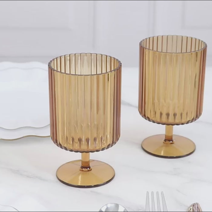 Amber gold vintage ribbed plastic wine glasses, reusable and shatterproof.