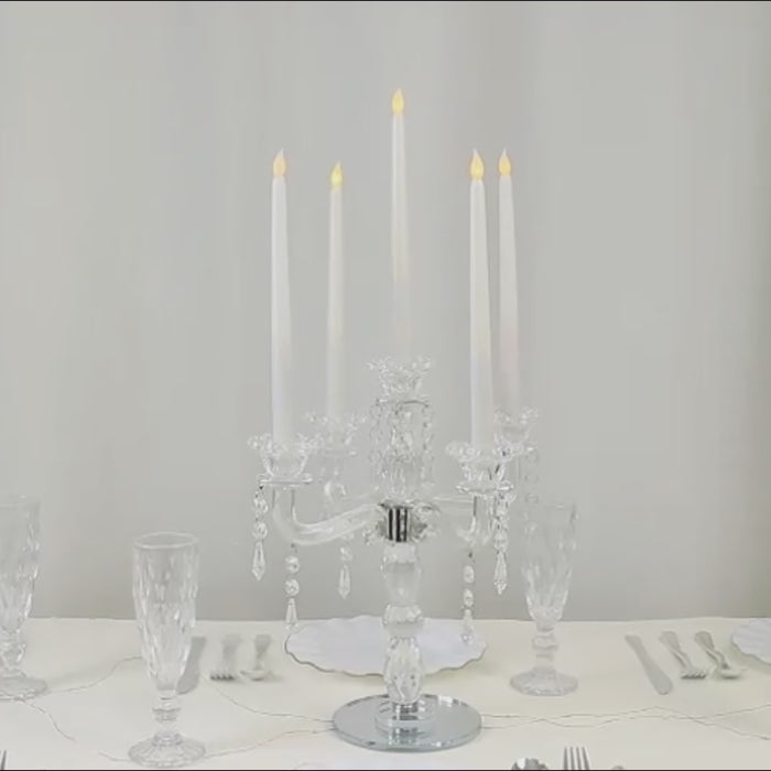 Crystal 5-arm candelabra taper candle holder with hanging prisms, 14" tall.