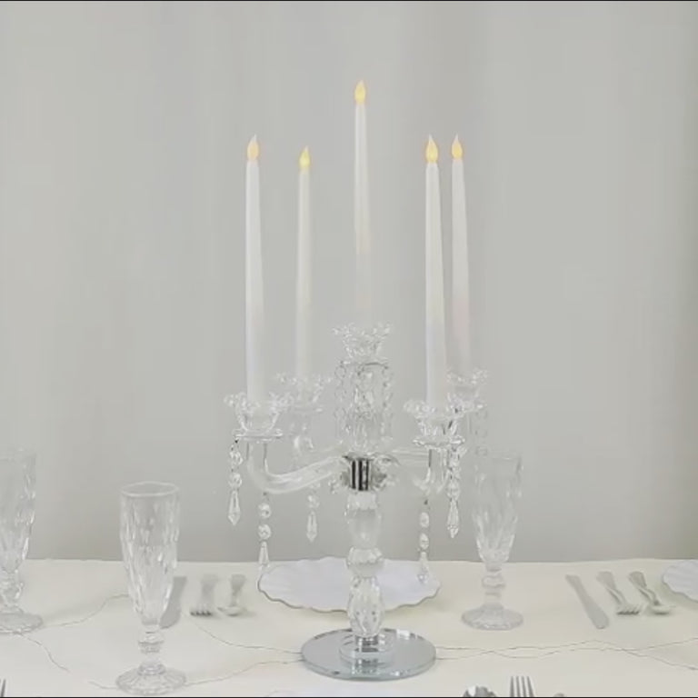 Crystal 5-arm candelabra taper candle holder with hanging prisms, 14" tall.