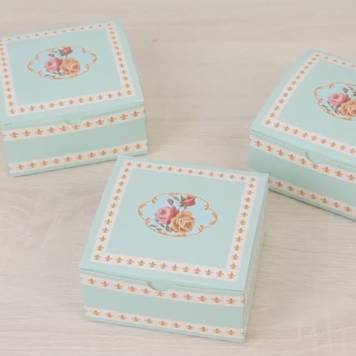 Turquoise vintage rose floral gift boxes for treats and small gifts.