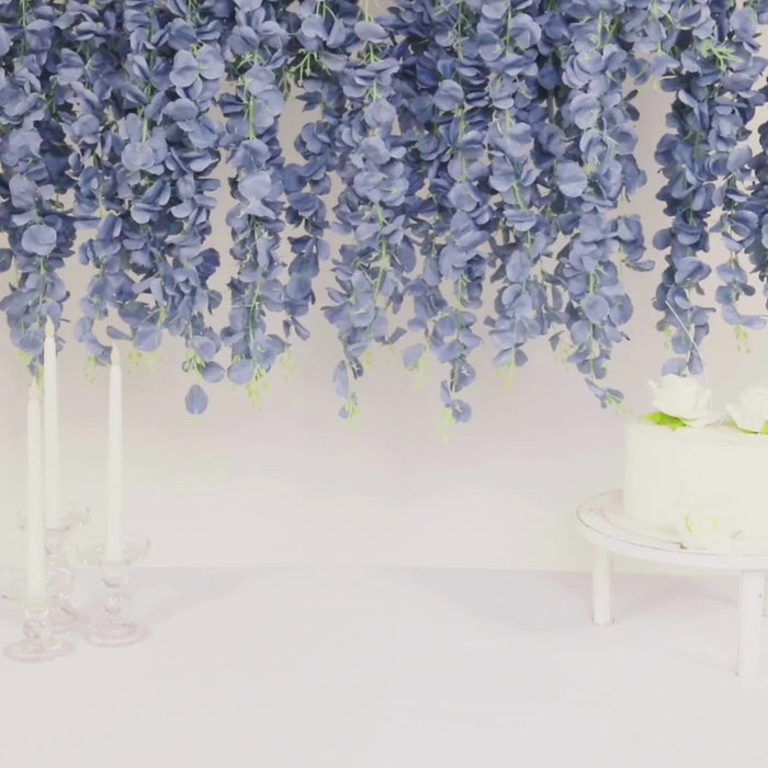 Dusty blue artificial silk wisteria flower garland hanging decor.