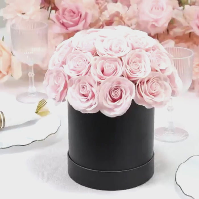 Blush rose centerpiece arrangement in a black gift box.