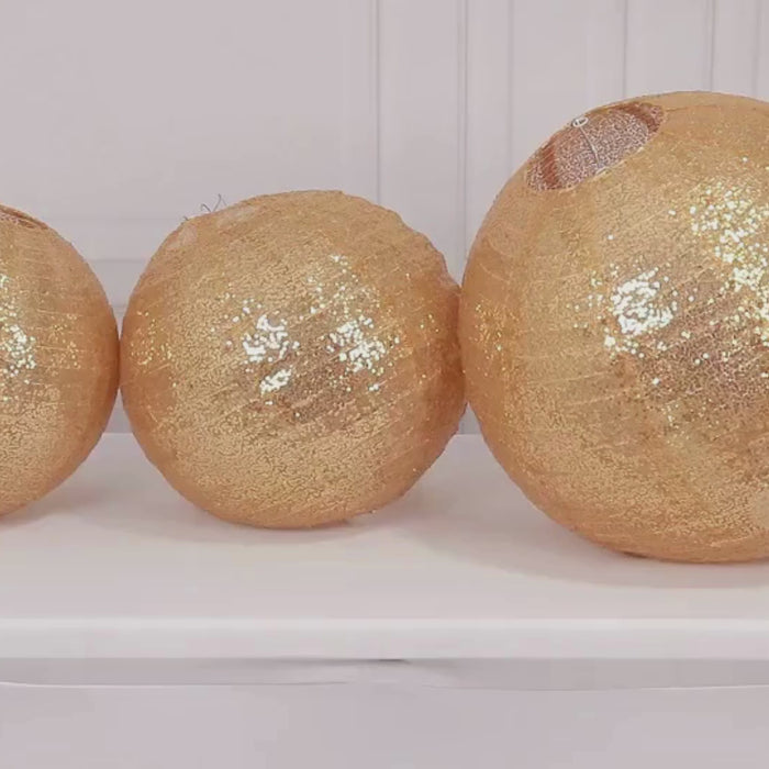 Shimmer gold sequin fabric hanging lanterns set of 3, decorative round lampshades.