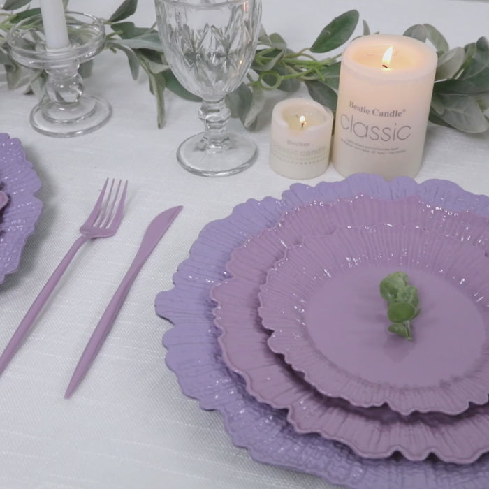 Lavender disposable plates in a decorative reef design for elegant parties.