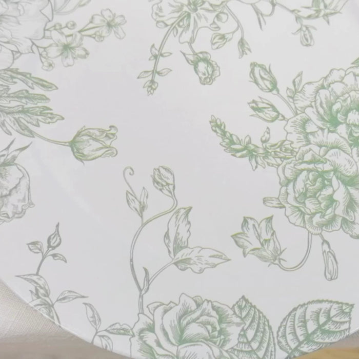 White sage green floral acrylic charger plate in French toile pattern.