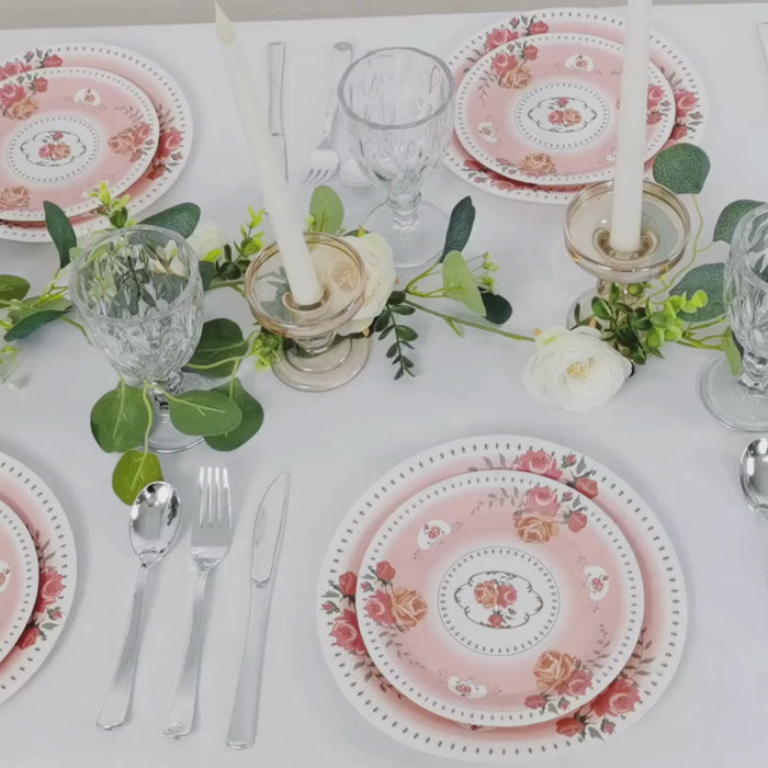Dusty rose round dinner plates with vintage rose flower print, set for a garden luncheon.