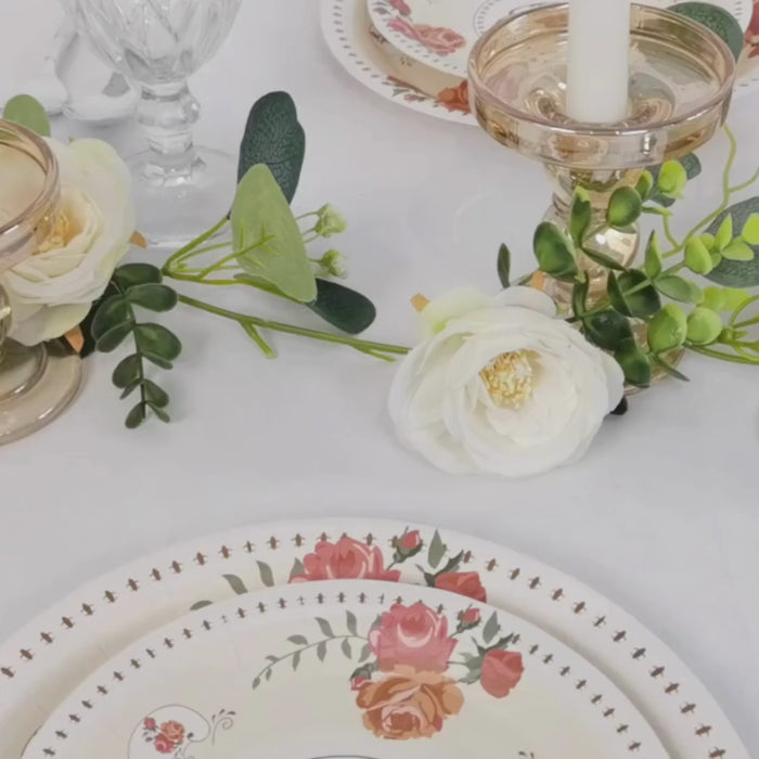 Ivory disposable dinner plates with vintage rose print for bridal showers.