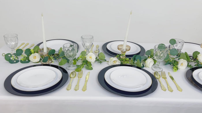 Black acrylic charger plates for elegant dining table settings.