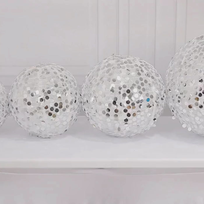 Shimmer silver sequin hanging lanterns, decorative round fabric lampshades.
