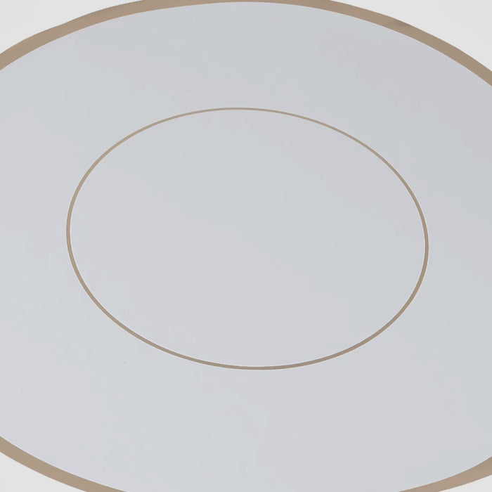 White disposable table placemat with gold rim, 13" round.