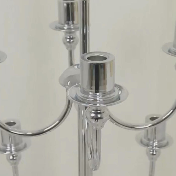 Silver vintage 9-arm metal floor candelabra candle holder centerpiece.
