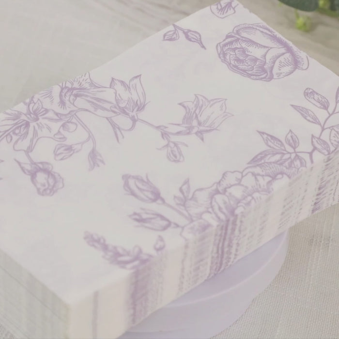 Matte lavender and white floral pattern cocktail napkins, highly absorbent and soft.