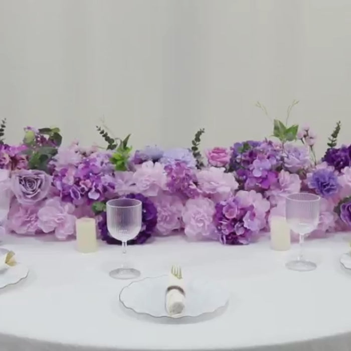 Mixed lavender lilac flower runner for wedding table decor.