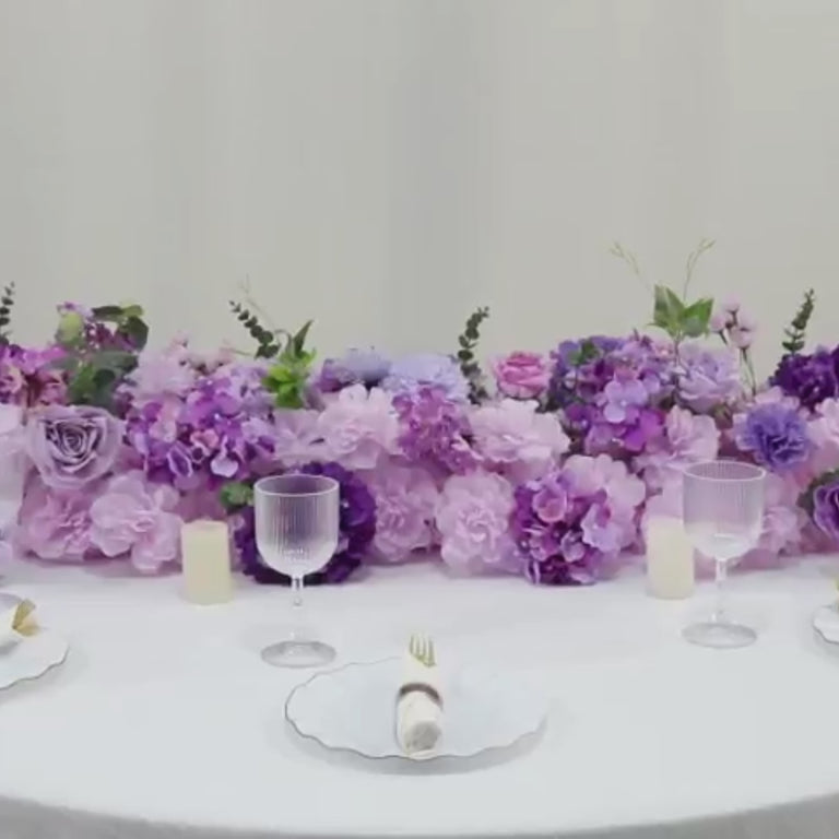 Mixed lavender lilac flower runner for wedding table decor.