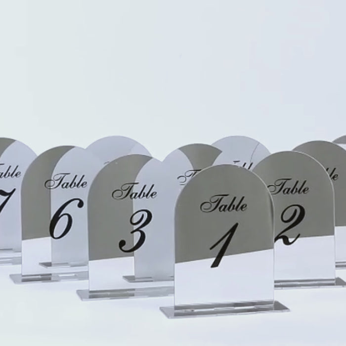 Silver mirror arch acrylic table numbers 1-10 with black print for elegant receptions.