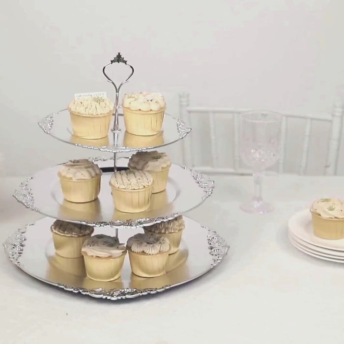Metallic silver 3-tier cupcake stand with embossed baroque rim and top handle.